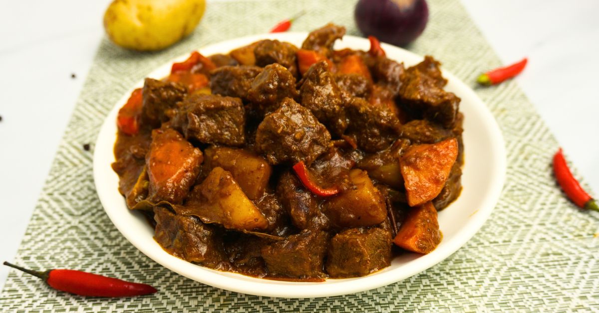 Beef caldereta in a plate.