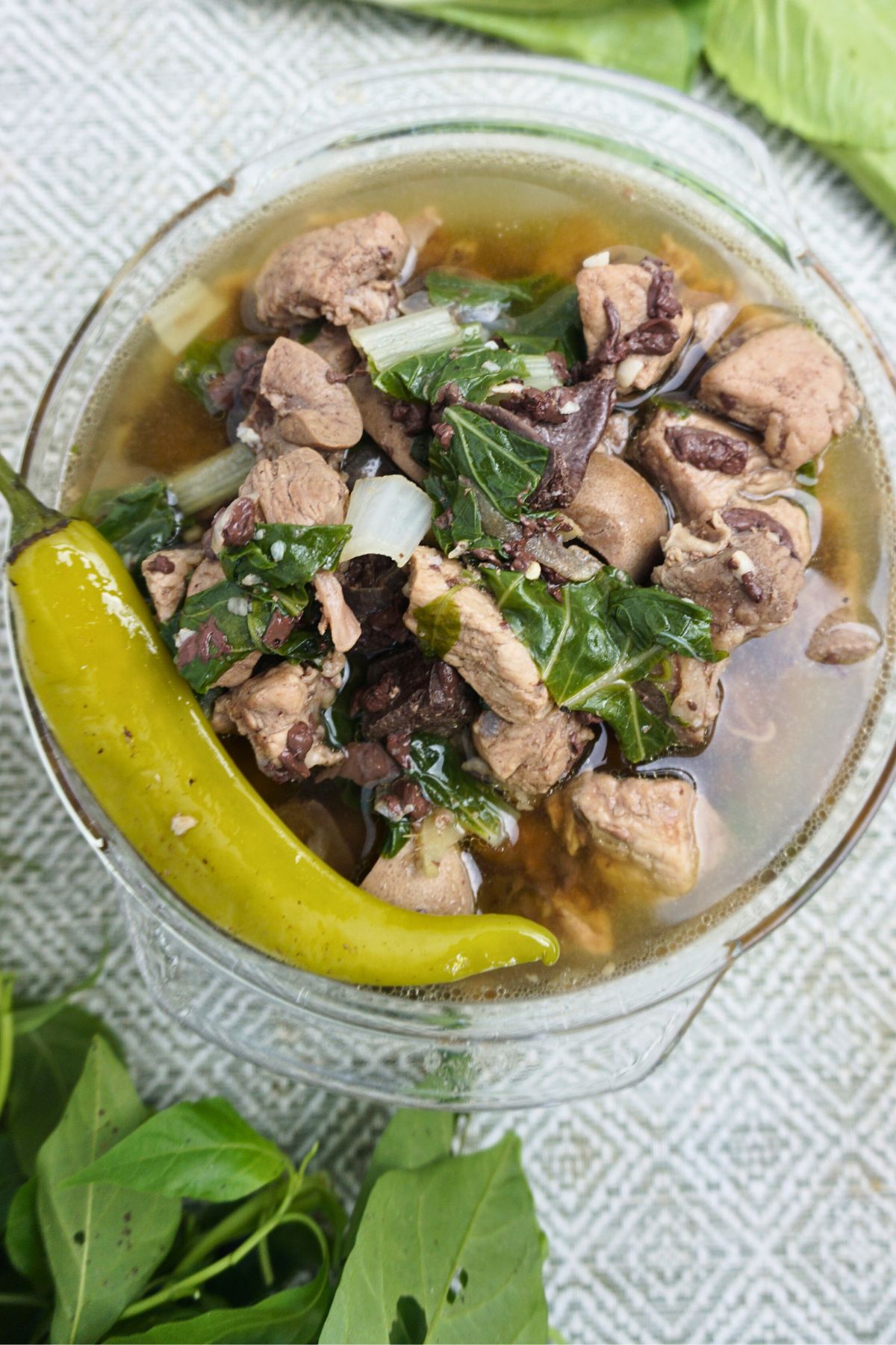 Batsui with pechay and chili leaves.